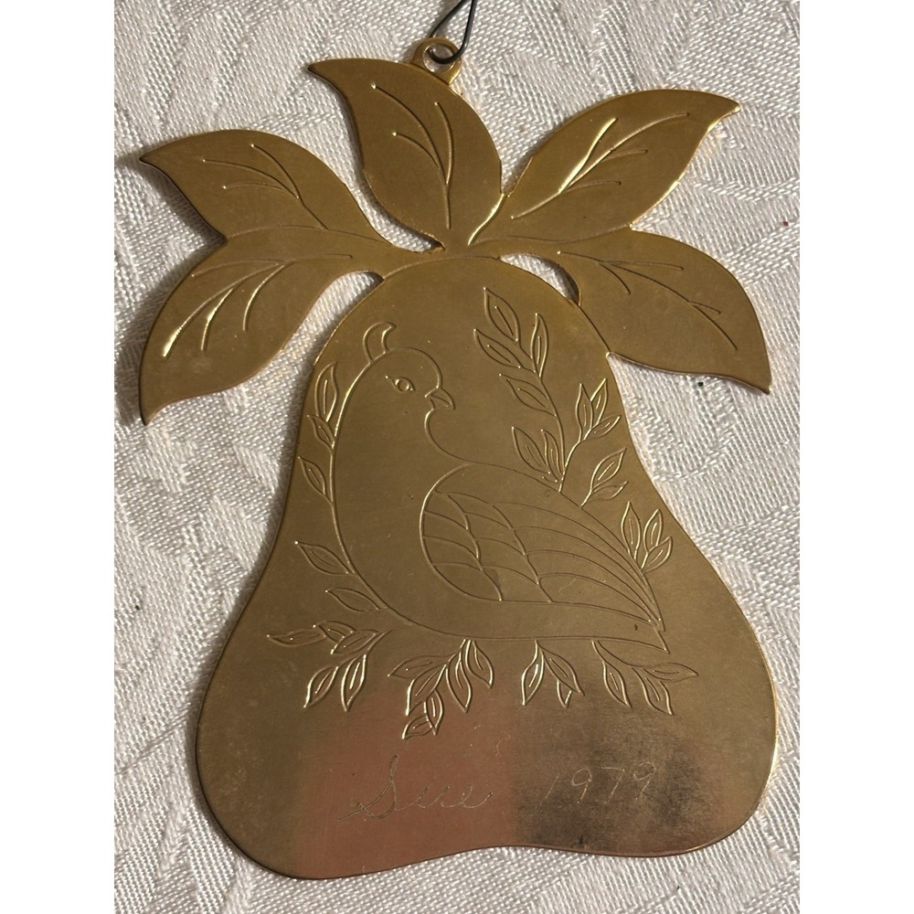 Sue 1979 Pear Brass Ornament With Etching Of Dove